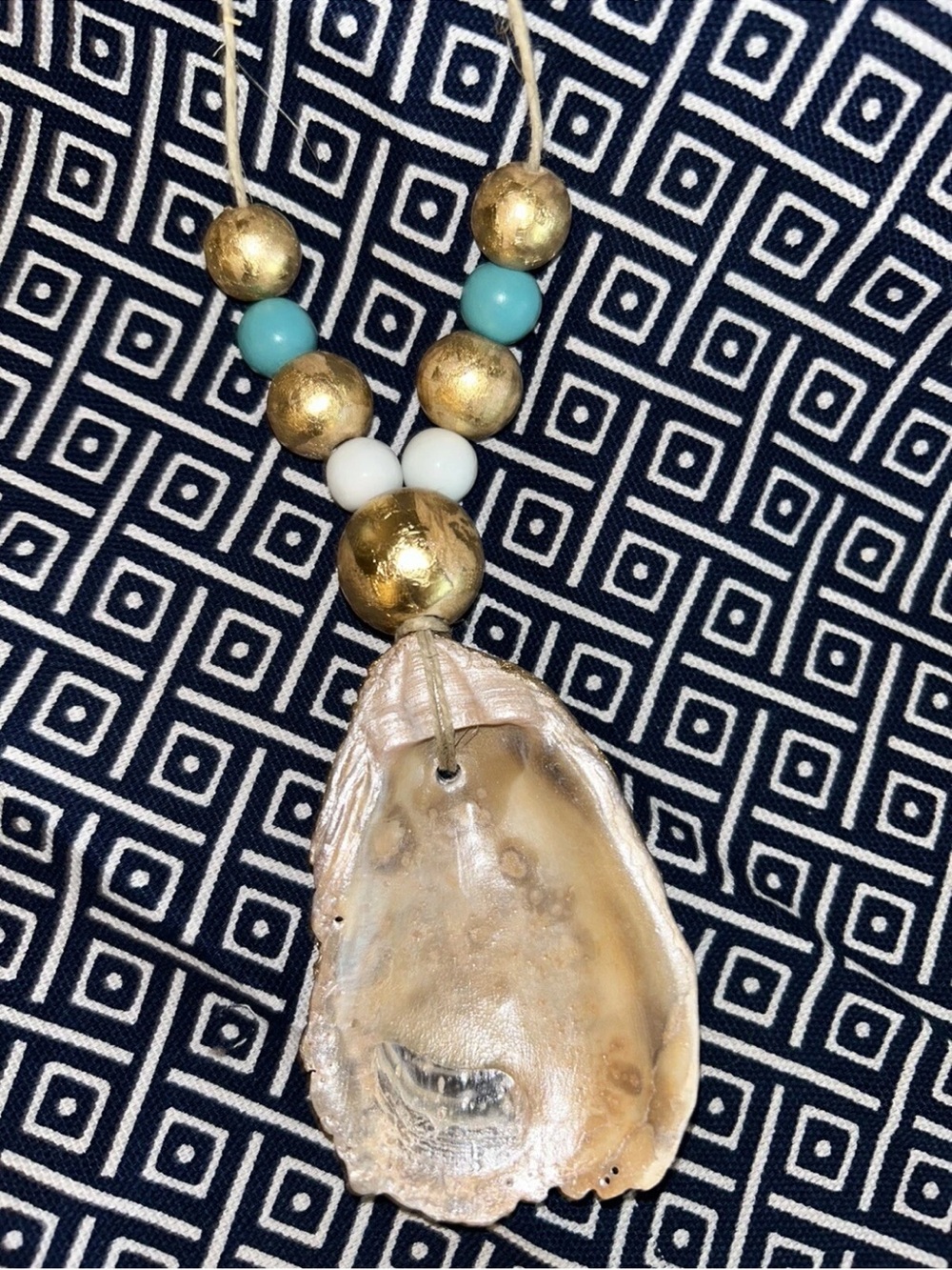 Oyster Shell Pendant Necklace with Gold, Turquoise & White Beads Handmade